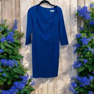 Calvin Klein Sheath Dress Size 6 Beautiful Blue NEW W/TAGS Midi Long Sleeve